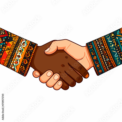 Illustration of two hands shaking, representing unity and agreement, with colorful patterned sleeves.