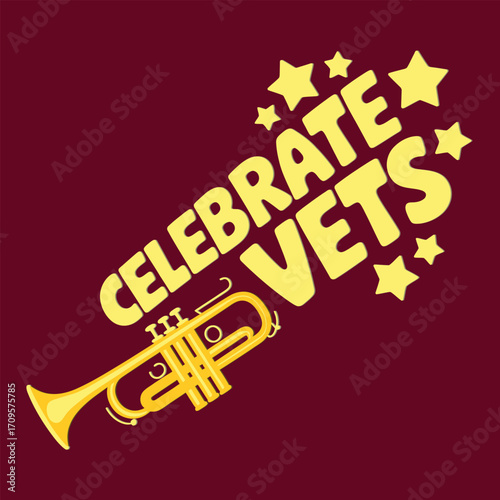 Golden trumpet celebrate veterans design, festive patriotic music artwork, holiday tribute illustration, decorative national celebration vector, bold theme graphic