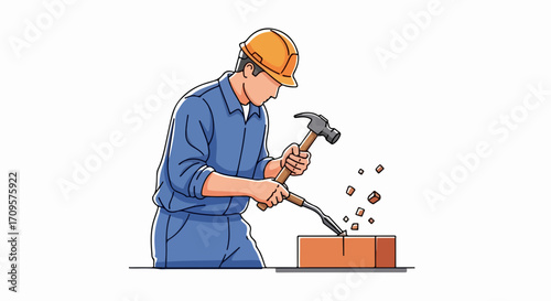 Construction worker carving brick with hammer and chisel, skilled labor creating building material. Construction worker shaping stone for building projects, skilled artisan at work.