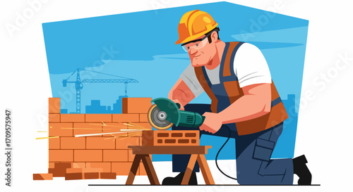 Construction worker cutting bricks with angle grinder on building site. Skilled laborer shaping masonry materials for new structure. Professional construction worker concept for industry.