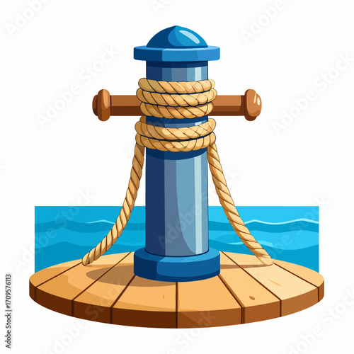 A blue mooring bollard with a thick rope wrapped around it, situated on a wooden dock next to the sea.
