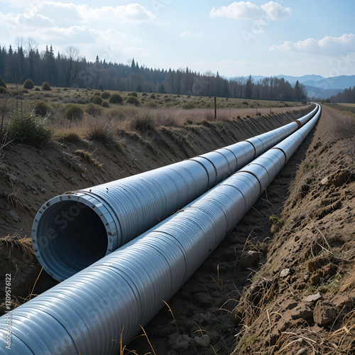 Insulated large metal pipes with a protective plastic sheath, laid in a trench as part of a modern underground pipeline.
