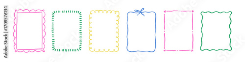 Frames in modern doodle scribble style. Cute line border ornaments, decorations. Curly decorative contour patterns, rectangle picture. Hand-drawn vector illustrations set isolated on white background