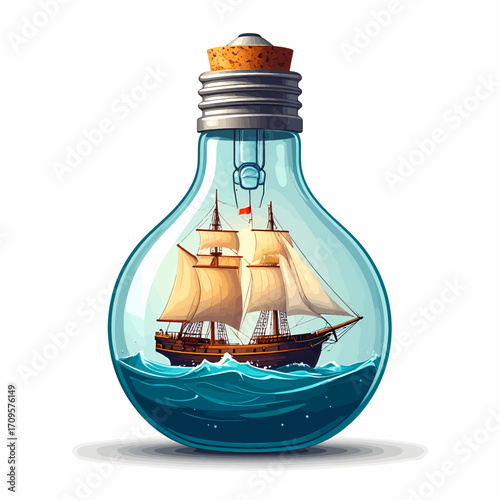 A vintage sailing ship inside a glass lightbulb filled with water, a creative and artistic image.