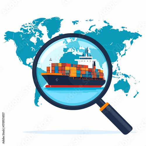 A magnifying glass focuses on a cargo ship filled with containers, superimposed on a world map, symbolizing global logistics and shipping.