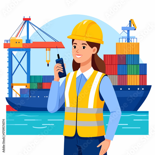 A female port worker in a hard hat and safety vest managing logistics at a busy shipping dock with a cargo ship and crane.