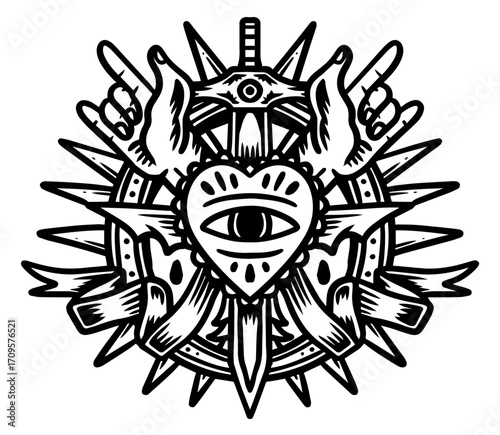 tattoo illustration drawing doodle heart eye metal sword poop pattern seamless decoration