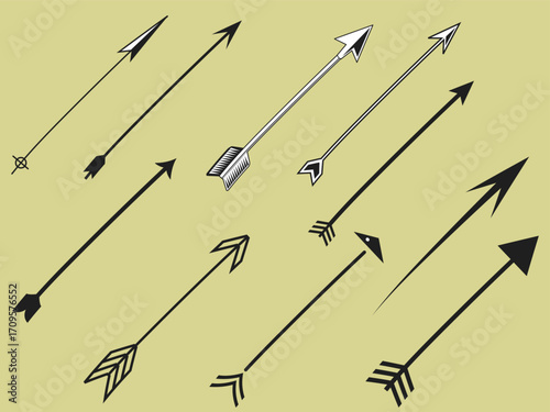 Collection of stylized arrow illustrations pointing upwards on a light background