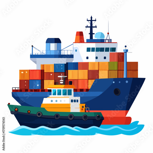 Large cargo ship being assisted by a tugboat in the water.