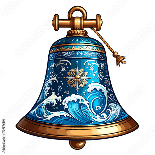 A beautifully detailed nautical bell with ocean wave and star compass designs, gold accents.