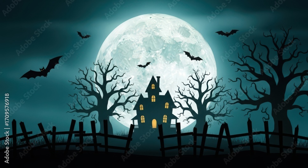 Fototapeta premium Spooky haunted house silhouette against a large full moon with bats flying