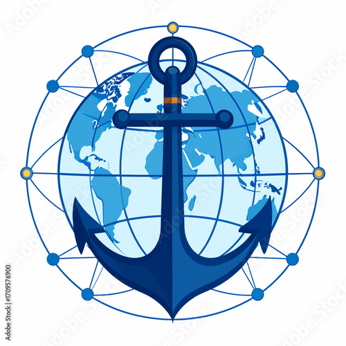 Global network connection symbolized by an anchor on a world map.