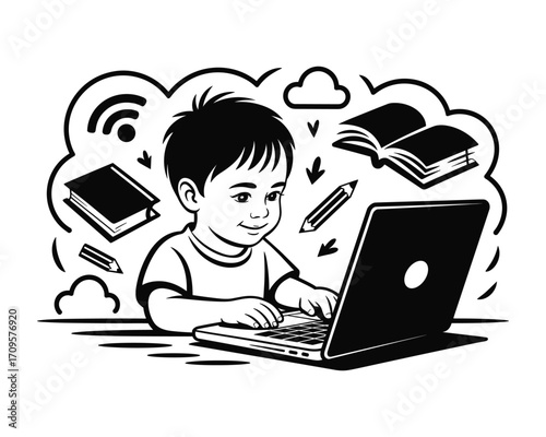 Young boy happily learning online with a laptop surrounded by books and educational icons