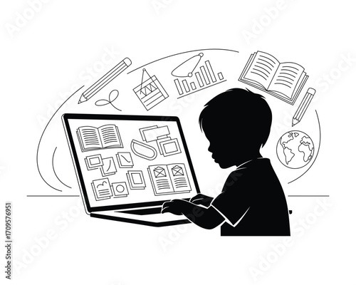 Child silhouette using laptop with educational icons and books floating around for online learning concept