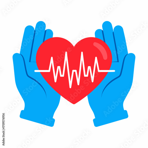 A graphic illustration of two hands cupping a red heart with a white heartbeat line.
