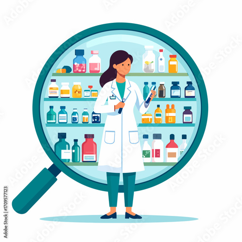 Pharmacist woman examining medicine bottles in a pharmacy.