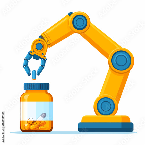 A yellow robotic arm precisely places a blue pill into an orange medicine bottle, symbolizing automation in pharmaceutical manufacturing.