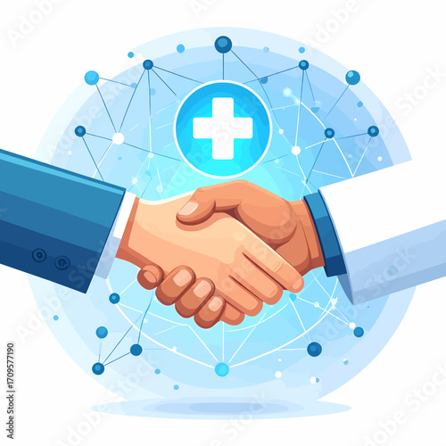 Two hands shaking in agreement, symbolizing a partnership or collaboration in the healthcare industry, with a medical cross and network connections in the background.