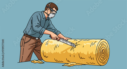 Man installs home insulation, cutting thick yellow roll with utility knife, wearing safety glasses and mask. Worker demonstrates efficient home insulation technique for thermal barrier.