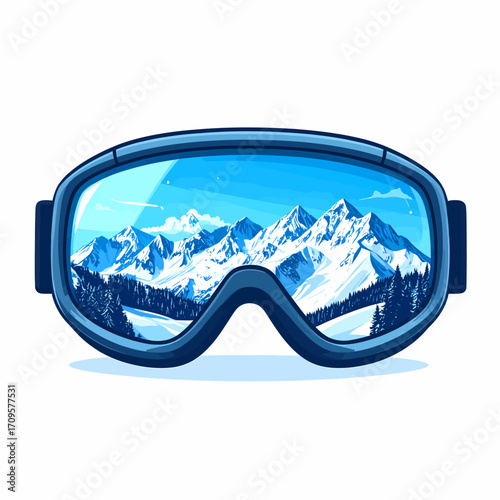 Blue ski goggles reflecting a snowy mountain range with pine trees under a clear sky, vector illustration.