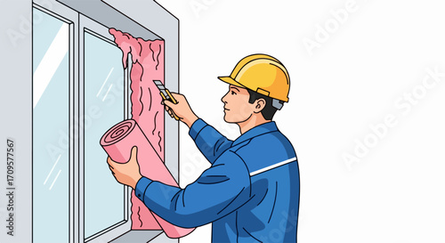 Construction worker installing insulation around window frame with pink material and tool. Home renovation worker performing building maintenance task.