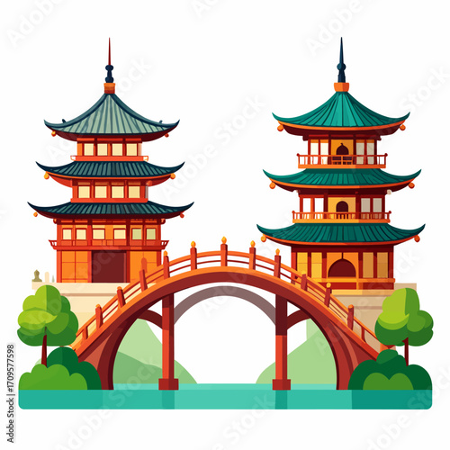 Two traditional Japanese pagodas connected by a wooden bridge over a river, with lush greenery and hills in the background.