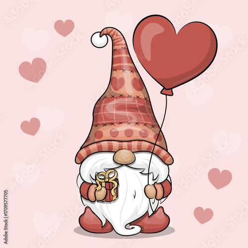 Cute cartoon Gnome with heart shaped balloon and gift. Vector illustration of a little man on a pink background with red hearts.