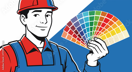Worker color palette choice with construction worker in uniform holding sample. Worker color palette for construction company advertisement presents diverse hues.