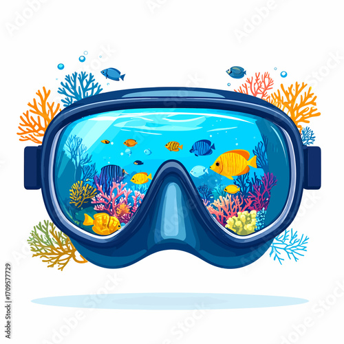 A detailed illustration of a diving mask reflecting a vibrant coral reef teeming with colorful fish and aquatic plants.