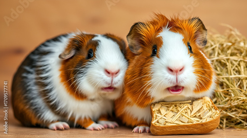 Satisfied and happy guinea pig sitting next to a hay treat. High quality photo