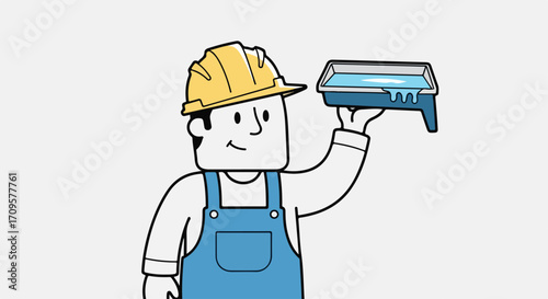 Handyman holding painting tray presents painting expertise. Handyman showing his painting capabilities, which include handling tray with paint.