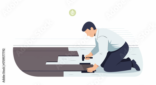 Man performing floor installation, laying new flooring panels on ground during home renovation project. Worker uses mallet for precise floor installation, fitting laminate planks with care.
