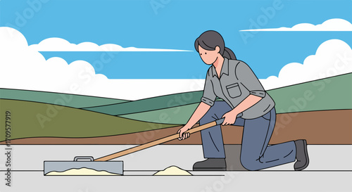 Road repair depicts worker using scraper to apply filler, ensuring surface smoothness. Road repair, a task requiring precision, fills cracks and levels imperfections.