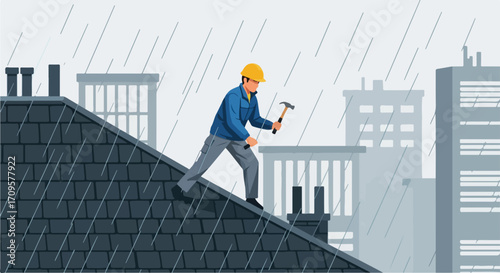 Professional roof repair worker hammering shingles during heavy rain, ensuring structural integrity and weather protection for property.