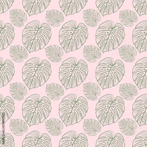 Minimalist Monstera Leaf Seamless Pattern on Pink