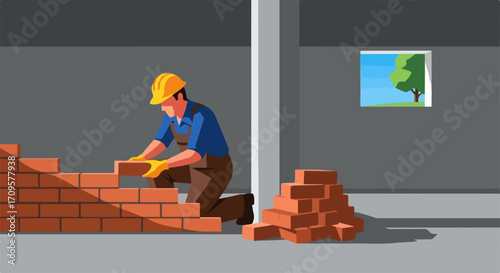 Construction worker carefully places brick in wall during new home construction. Skilled mason builds strong structure brick by brick. Image depicts construction worker diligently building wall,