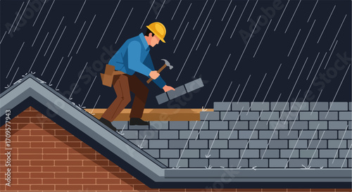 Roof repair during heavy rain, worker installing new roof tiles on house. Roofing contractor fixing damaged roof in bad weather.  Professional roof repair service,