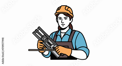 Female construction worker using metal measuring tool. Skilled craftswoman measures metal pipe with precision instrument.