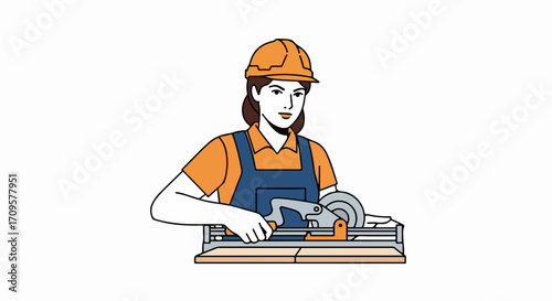 Woman construction worker using circular saw to cut wood. Skilled female professional in hard hat and overalls operates power tool for precise woodwork.