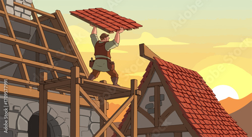 Medieval house construction with worker installing red clay roof tiles. Skilled craftsman places roof tiles on timber frame structure. Roof tile installation depicts medieval building techniques.