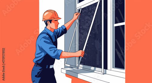 Home window repair service worker installing new screen.  Professional technician replacing window screen during home maintenance.