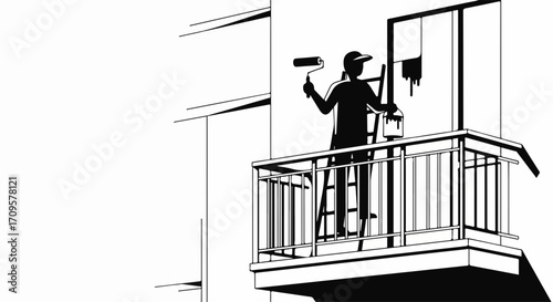 House painter on ladder painting balcony railing. Painter uses paint roller and paint can for exterior home renovation. Painting balcony is home improvement project.