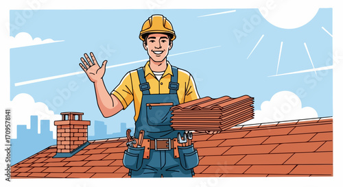 Friendly roofer with red tiles on new roof. Skilled handyman waves hello while holding roofing tiles. Happy roofer provides professional roofing services.