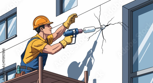 Construction worker repairing building cracks with injection method. Skilled worker using specialized equipment for crack repair.  Professional building maintenance concept for construction industry.