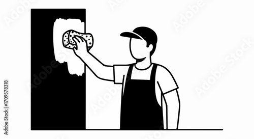 Cleaning service worker using sponge to clean a wall. Cleaning service professional diligently scrubs surface.  Cleaning service ensures spotless results for commercial clients.