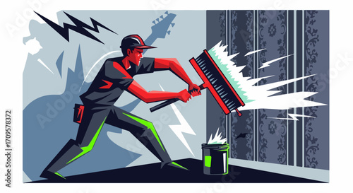 Energetic cleaning service worker using a brush to remove wallpaper.  Person removing old wallpaper with powerful brush.  Dynamic cleaning service concept for advertisement.