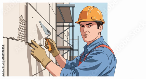 Construction worker installing blocks on wall using trowel. Construction professional carefully places building blocks, ensuring precision and stability.