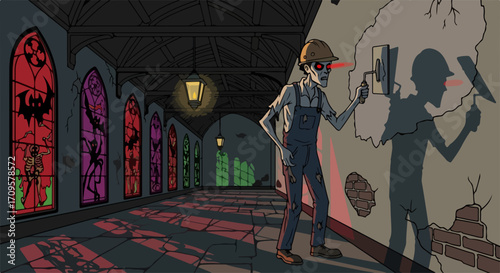 Spooky hallway renovation with undead handyman fixing wall.  Undead worker in hard hat repairs old building with stained glass windows.  Halloween concept for spooky home renovation announcement.