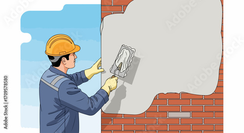 Construction worker applying plaster to brick wall. Skilled craftsman using trowel for precise application of plaster mix. Professional construction worker plastering brick wall for flawless finish.