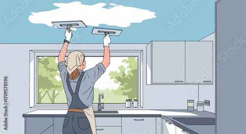 Home renovation project shows woman plastering kitchen ceiling with two tools. Home improvement includes patching ceiling and creating a cloudscape.